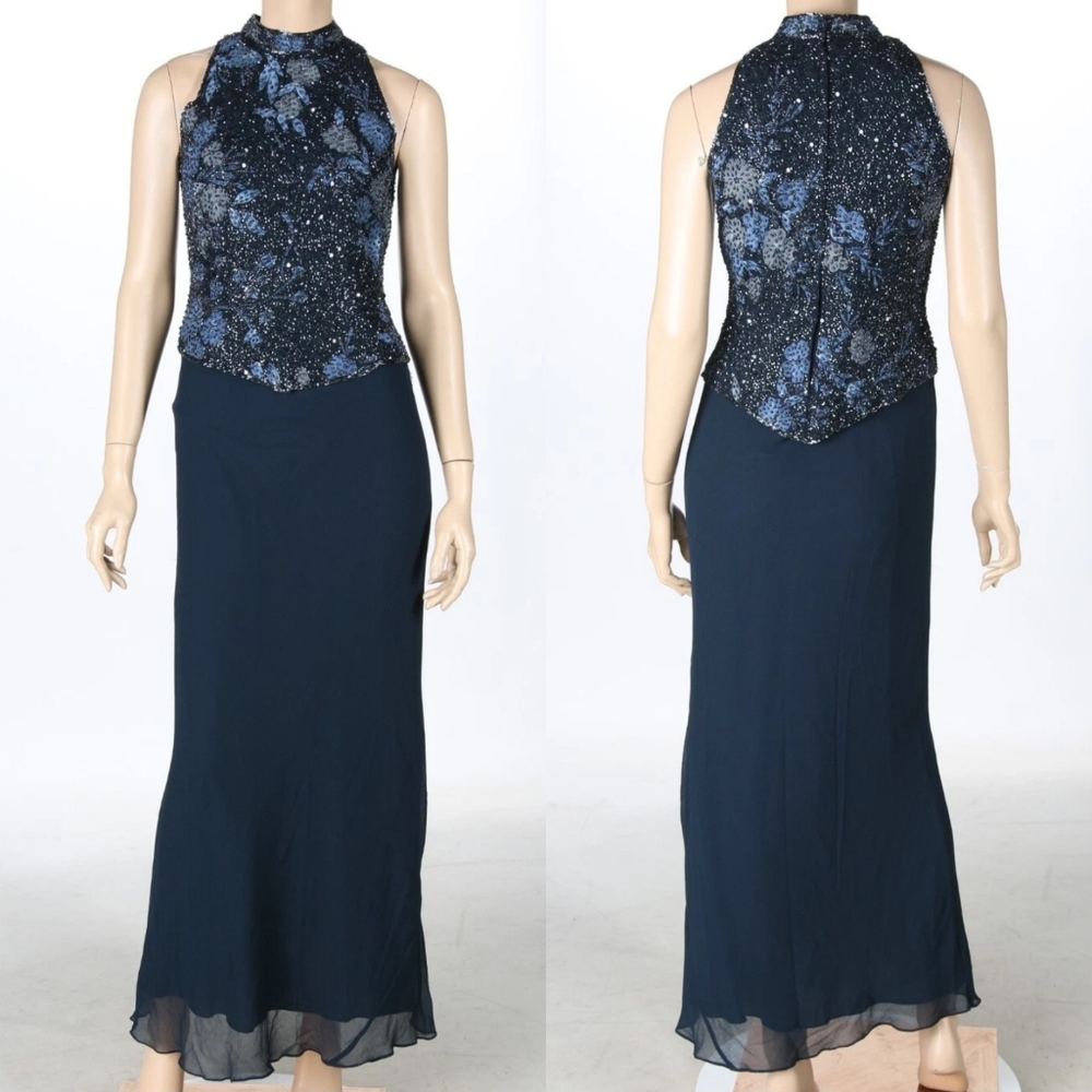 J Kara JKara Vintage Navy Blue Floral Mock Neck Sleeveless Blouson Maxi Gown 8